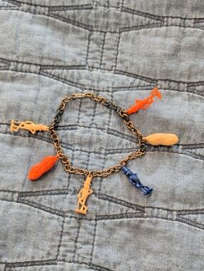 1940s Vintage Mr Peanut Charm Bracelet with Orange and Blue Toy Charms